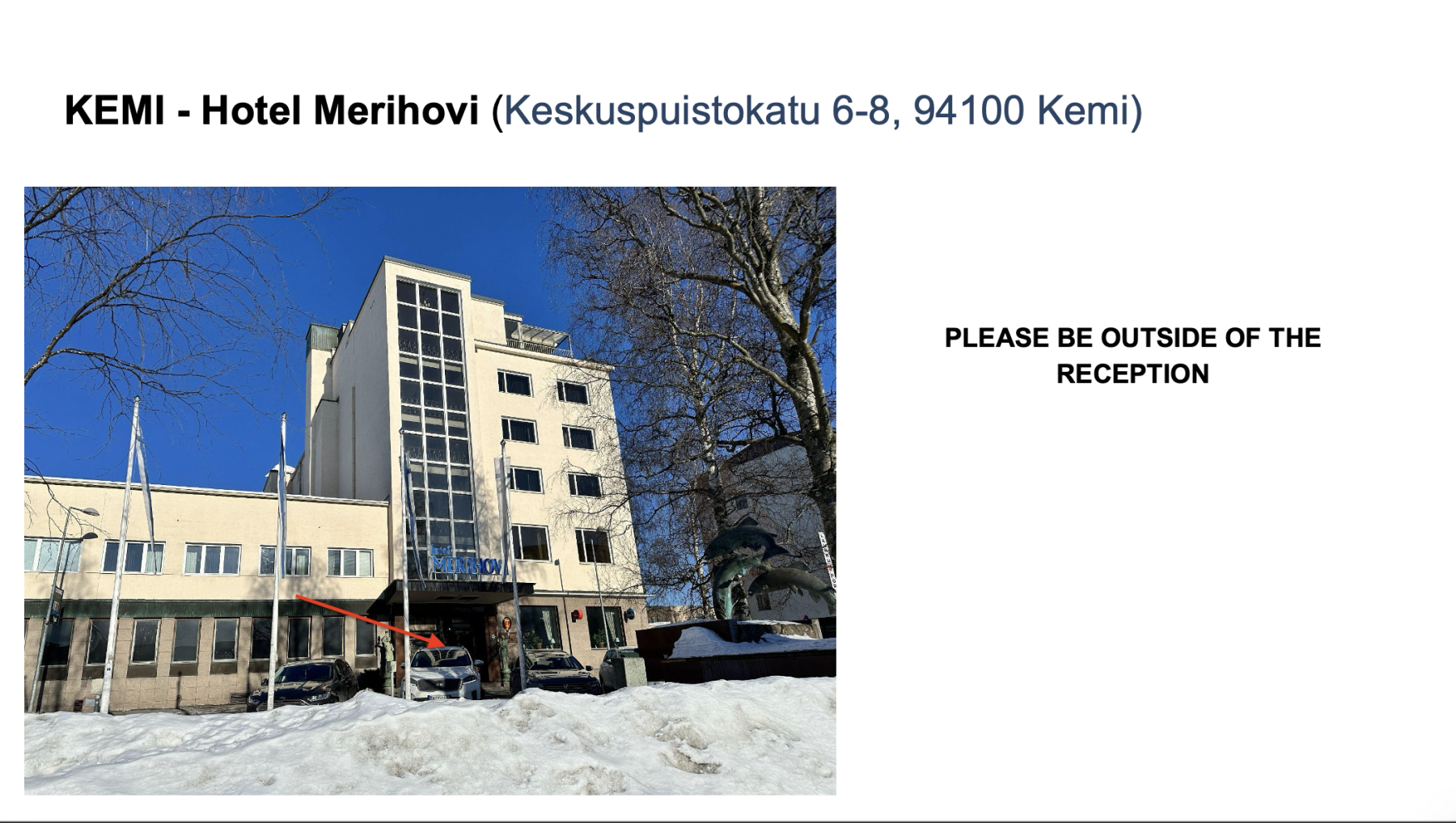 Hotel Merihovi building in Kemi with snow in front and leafless trees under a clear blue sky.