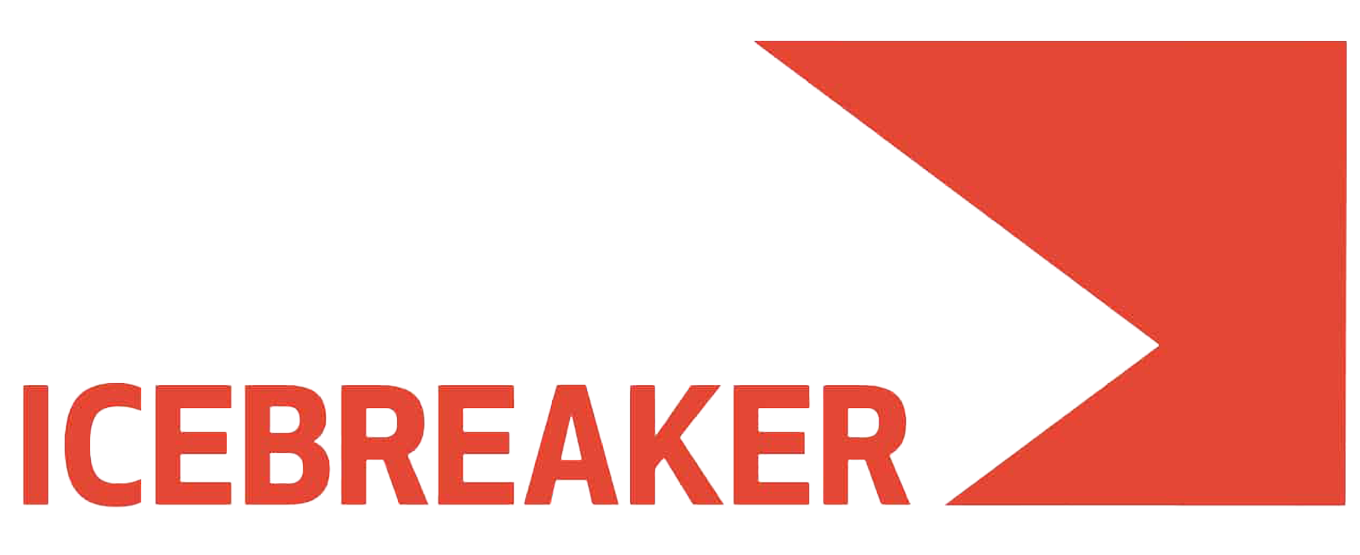 Logo with the word ICEBREAKER in bold red letters next to a red right-pointing arrow shape.